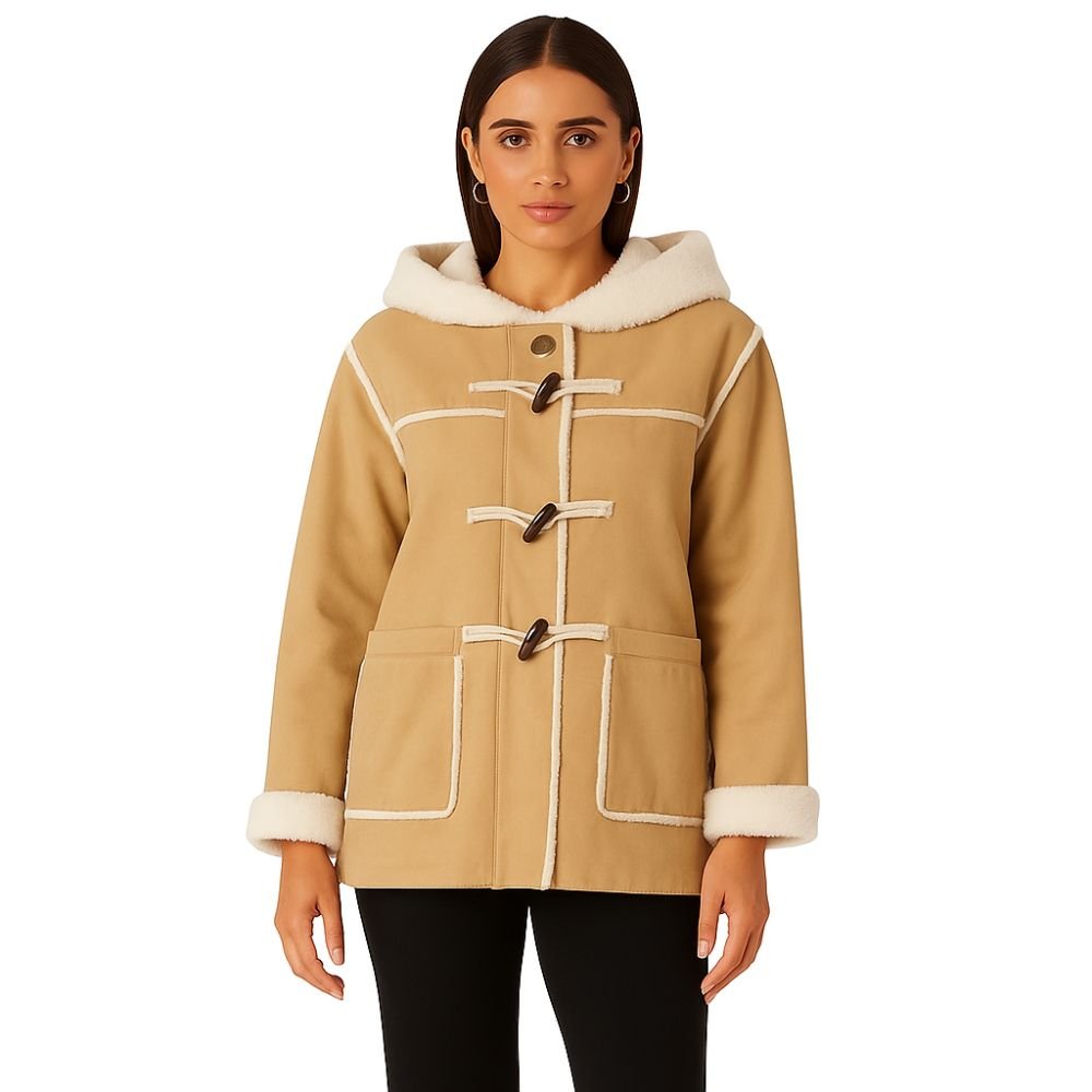 sherpa-lined," "toggle fastening," "winter essential," "investment outerwear," "cozy jacket," "autumn style