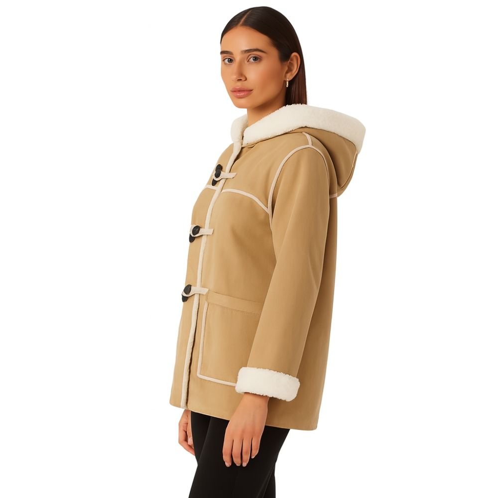 sherpa-lined," "toggle fastening," "winter essential," "investment outerwear," "cozy jacket," "autumn style
