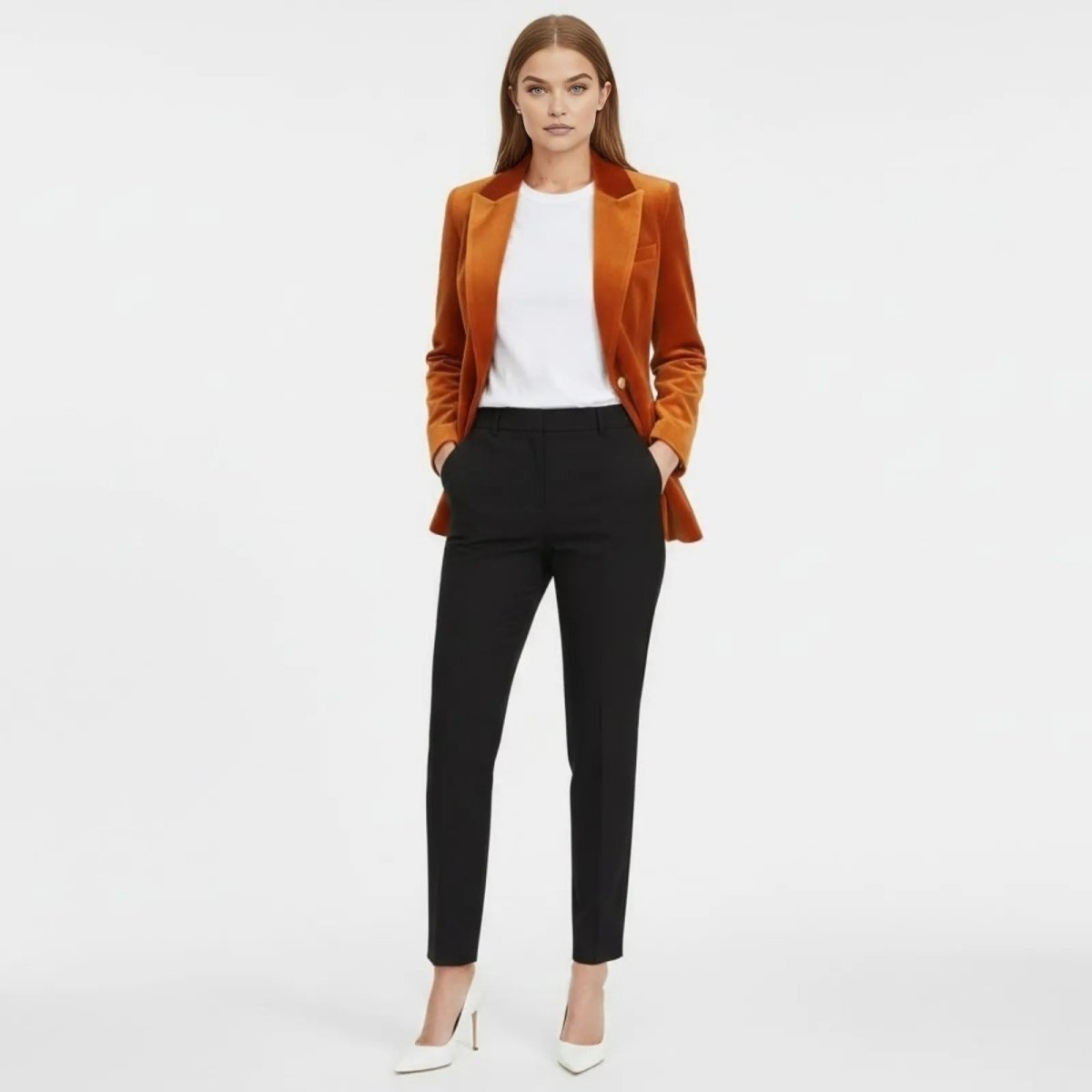 Woman wearing the Kouvr Maribel rust orange velvet blazer, styled with a white t-shirt and black tailored trousers, standing against a white background.