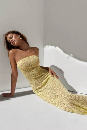 mariposa maxi dress Yellow Lace Strapless Maxi Dress | Formal Wedding Guest Gown Column  Silhouette 90s Style