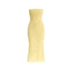 Model wearing the Kouvr Mariposa strapless lace floor-length dress in Buttercup Yellow against a white wall