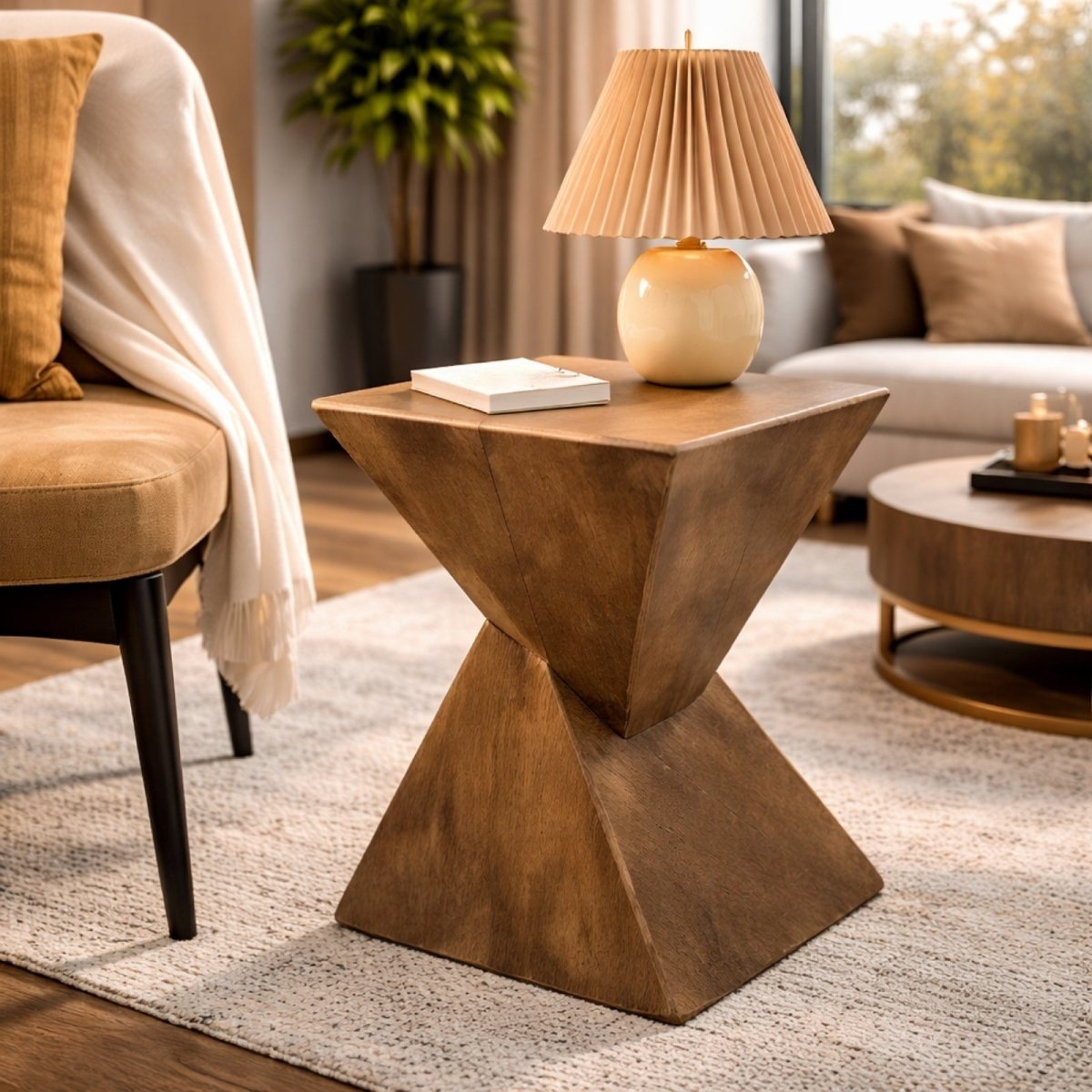 A close-up detail shot of the corner and base of the Kouvr side table, showing the texture and grain of the dark natural wood finish and its solid construction.