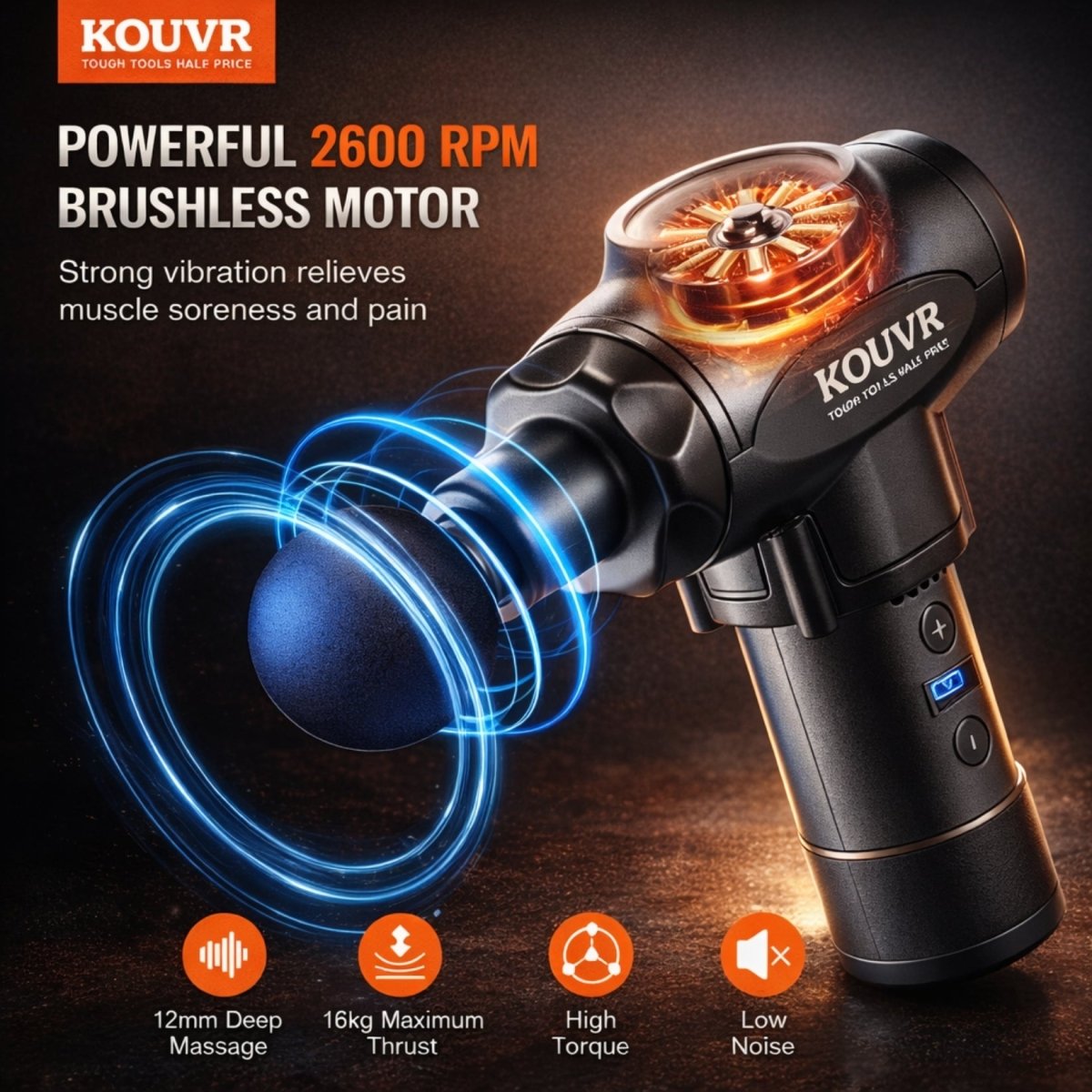 Internal cutaway view of Kouvr massage gun showing powerful 2600 RPM high torque brushless motor
