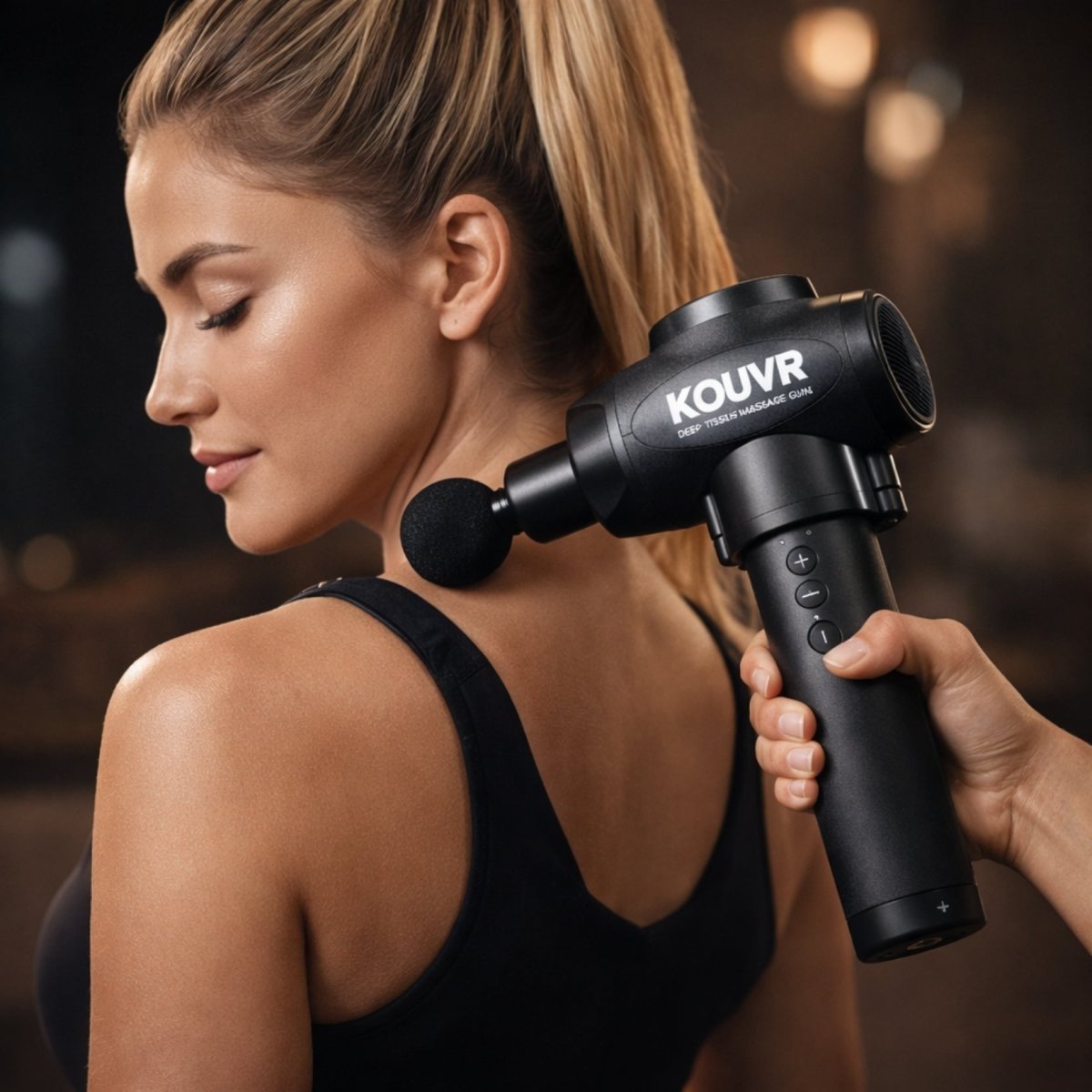 Woman using Kouvr deep tissue massage gun on neck and shoulder for muscle relaxation