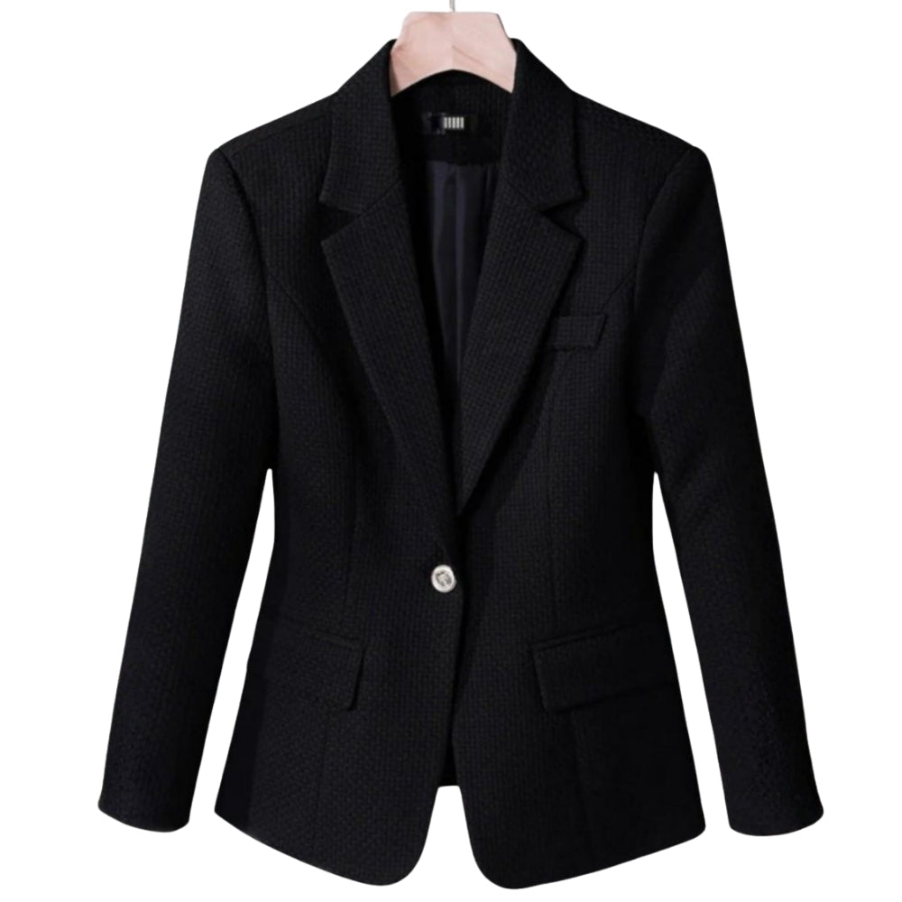 Model wearing the Kouvr Maureen Textured Weave Blazer in black,