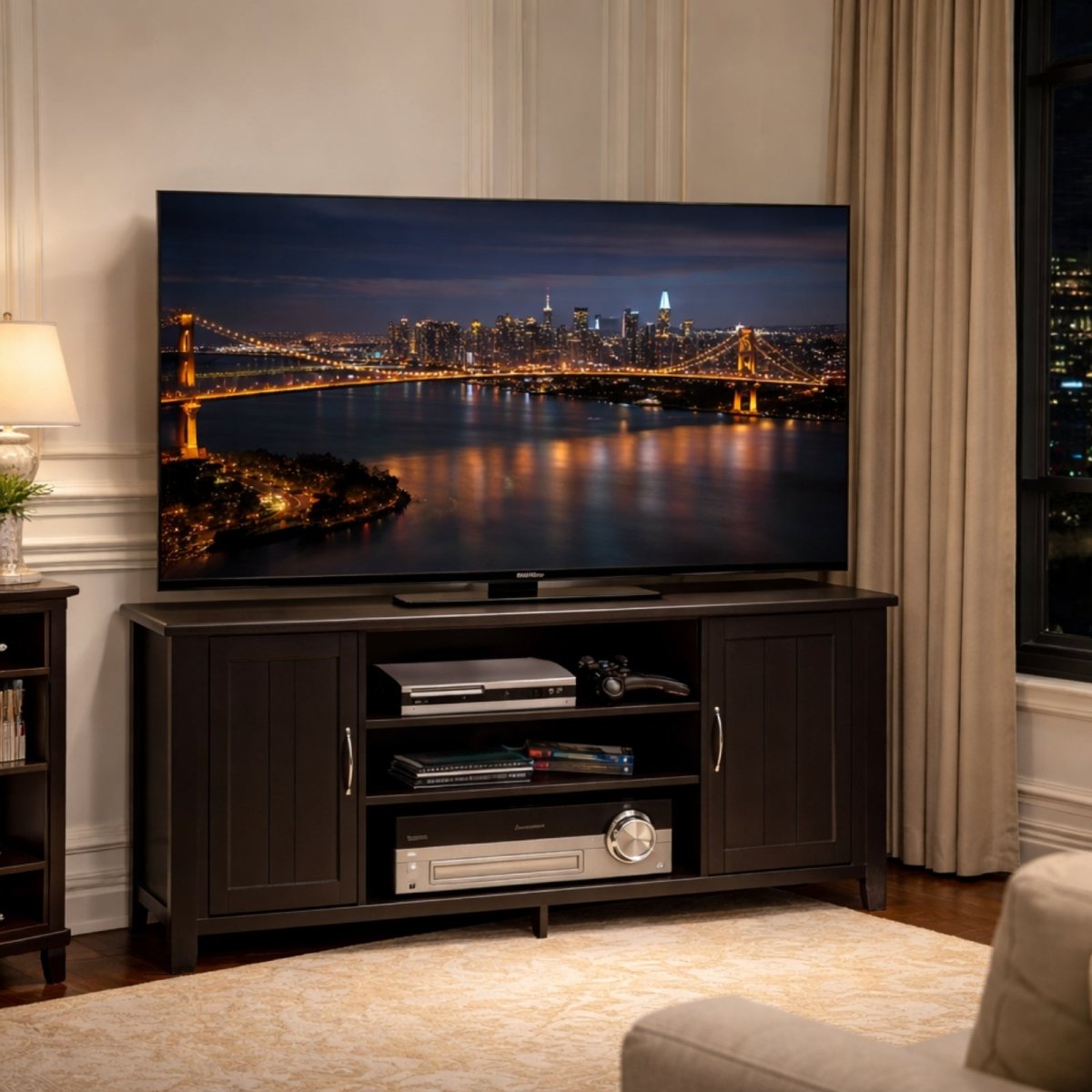 Kouvr wood entertainment center in a sophisticated living room at night, with a TV showing a lit-up city bridge and skyline.