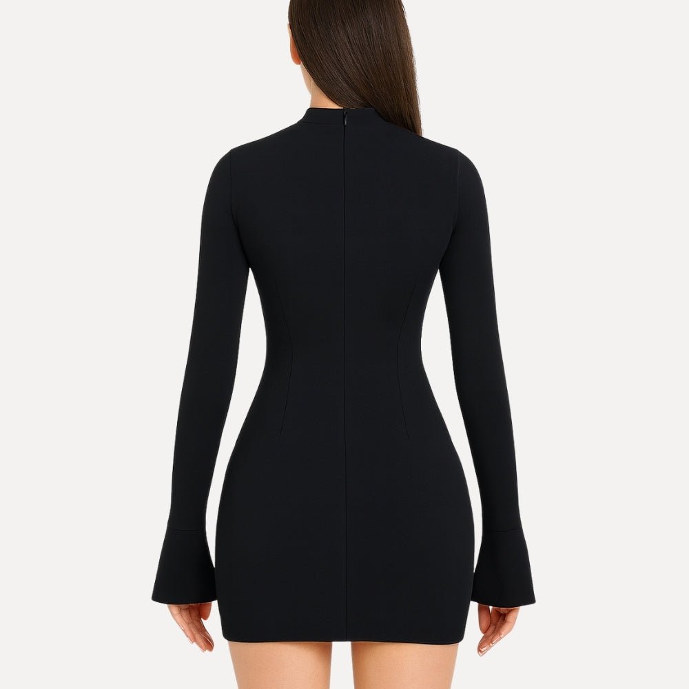 sculptural silhouette," "minimalist evening wear," "power dress," "flared cuff dress," and "mock neck bodycon dress
