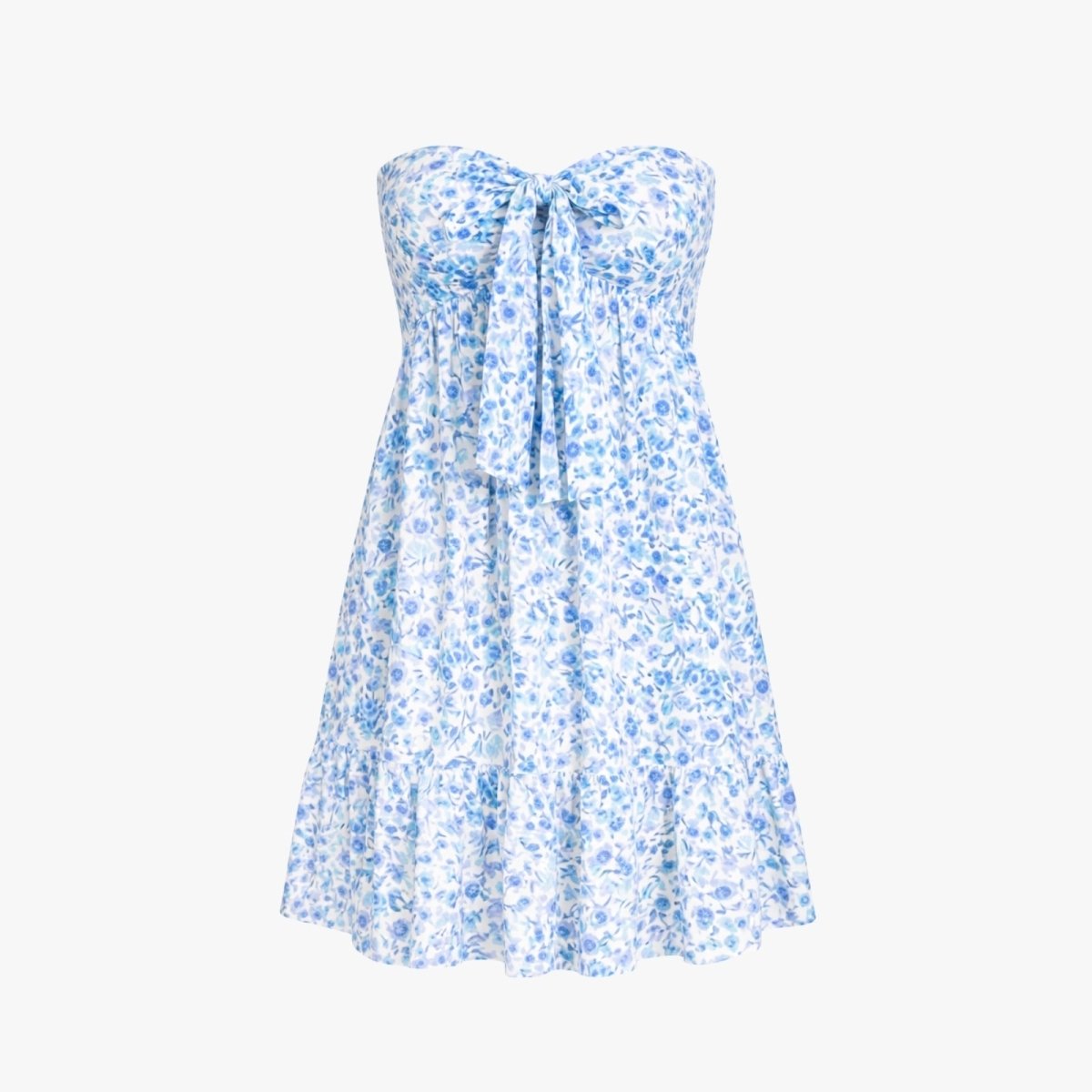 Product-only shot of the Melanie blue floral strapless mini dress with tie-front detail on a white background.