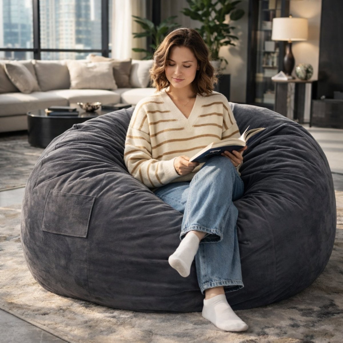 Feature callouts of a dark grey velvet bean bag chair, highlighting the side handle, storage pocket, frosted velvet fabric, and hidden zipper.