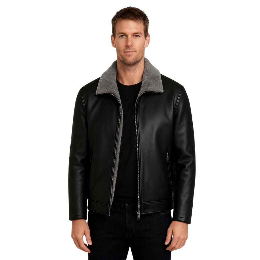 Model wearing the Kouvr Fashion black lambskin leather jacket with grey shearling collar
