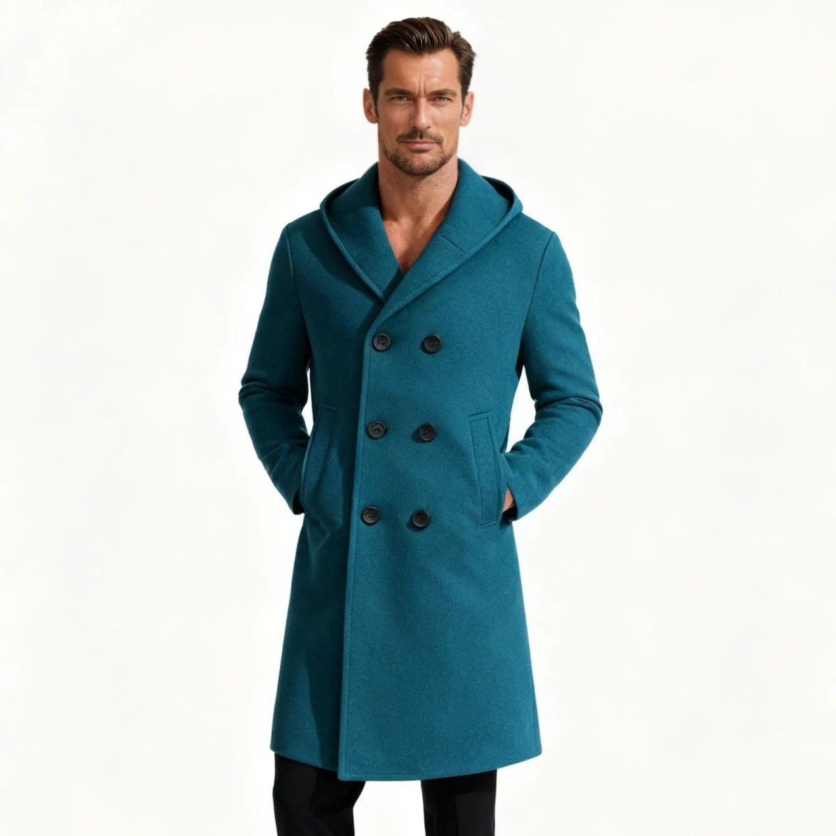 Men's Hooded Wool Overcoat Double Breasted Knee Length Winter