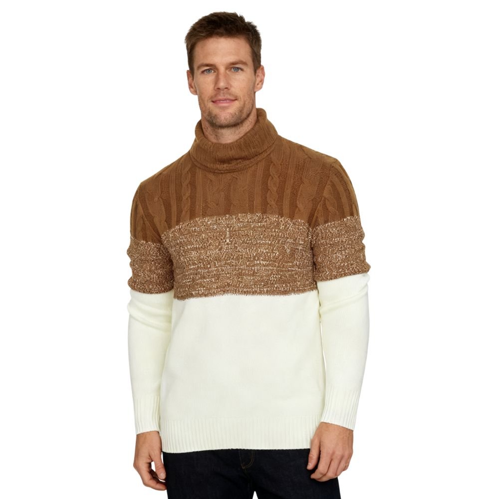 Man wearing a brown and white kouvr sweater on a white background