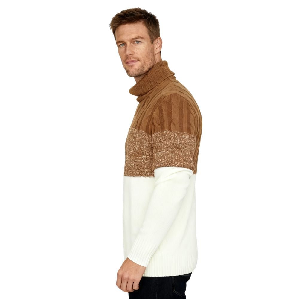 Man wearing a brown and white kouvr sweater on a white background