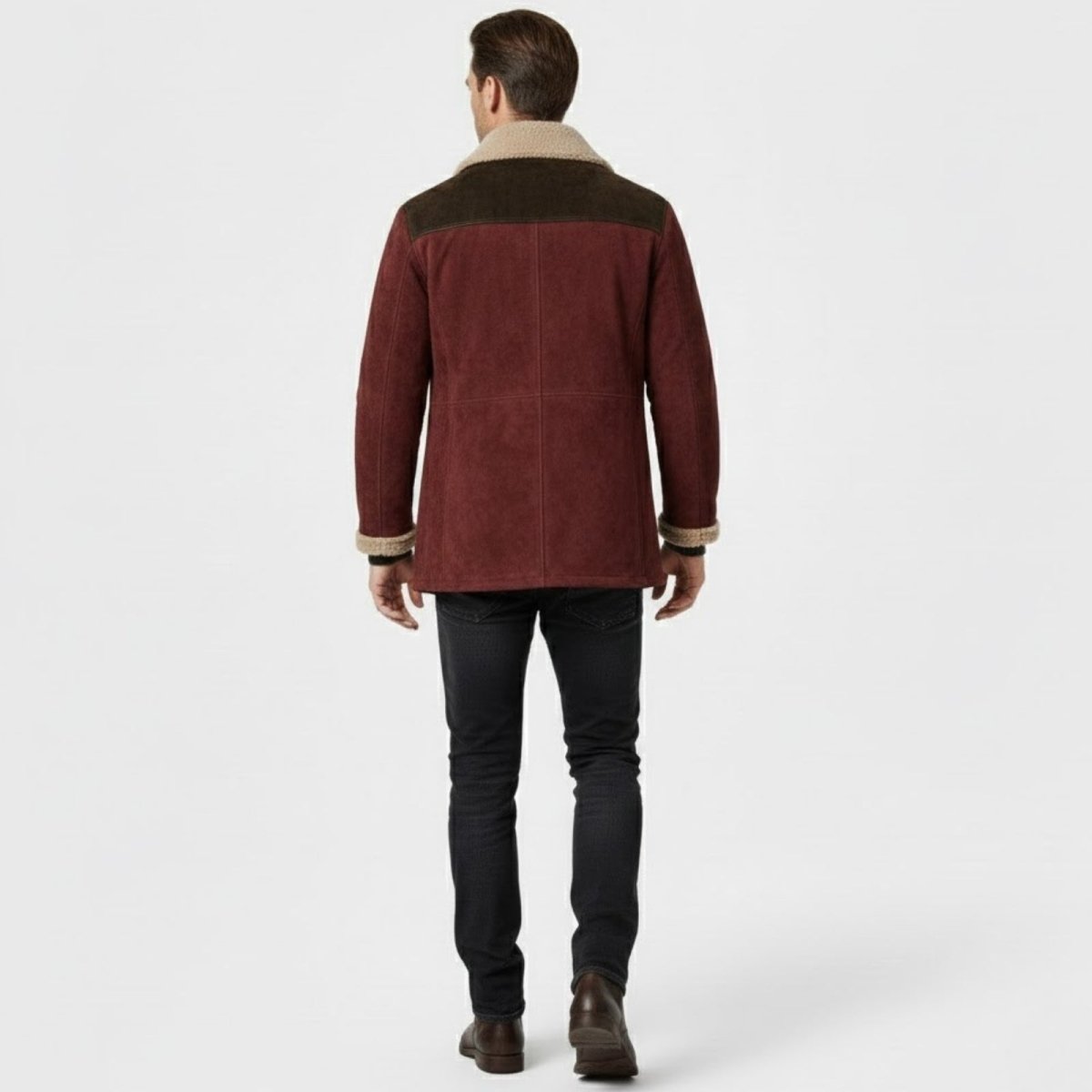 Back view of the Kouvr men's two-tone suede jacket featuring the dark brown shoulder yoke and panelled construction.

