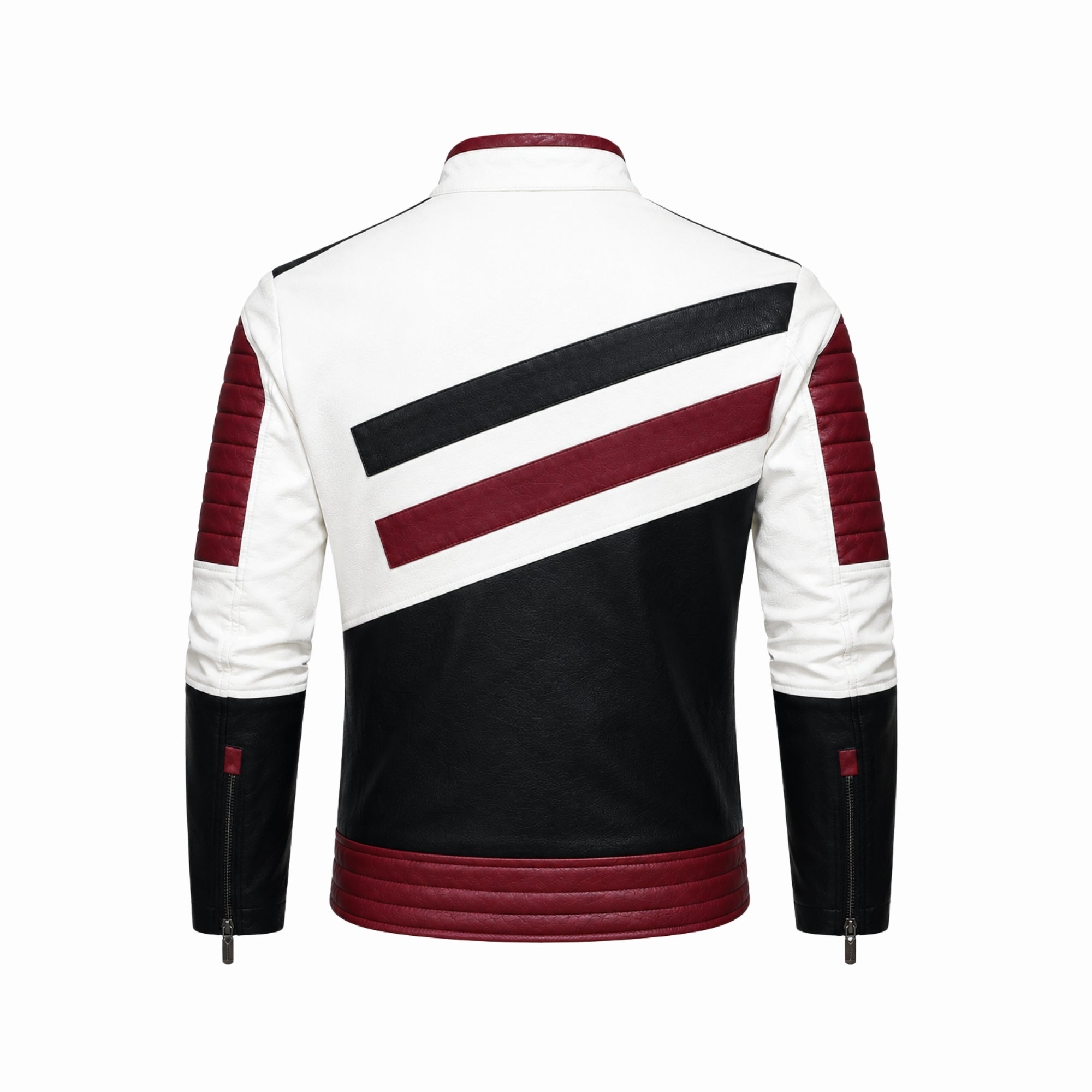 Rear flat lay product photo of the Kouvr men's quilted biker jacket displaying the ribbed red lower back panel for added comfort and style.