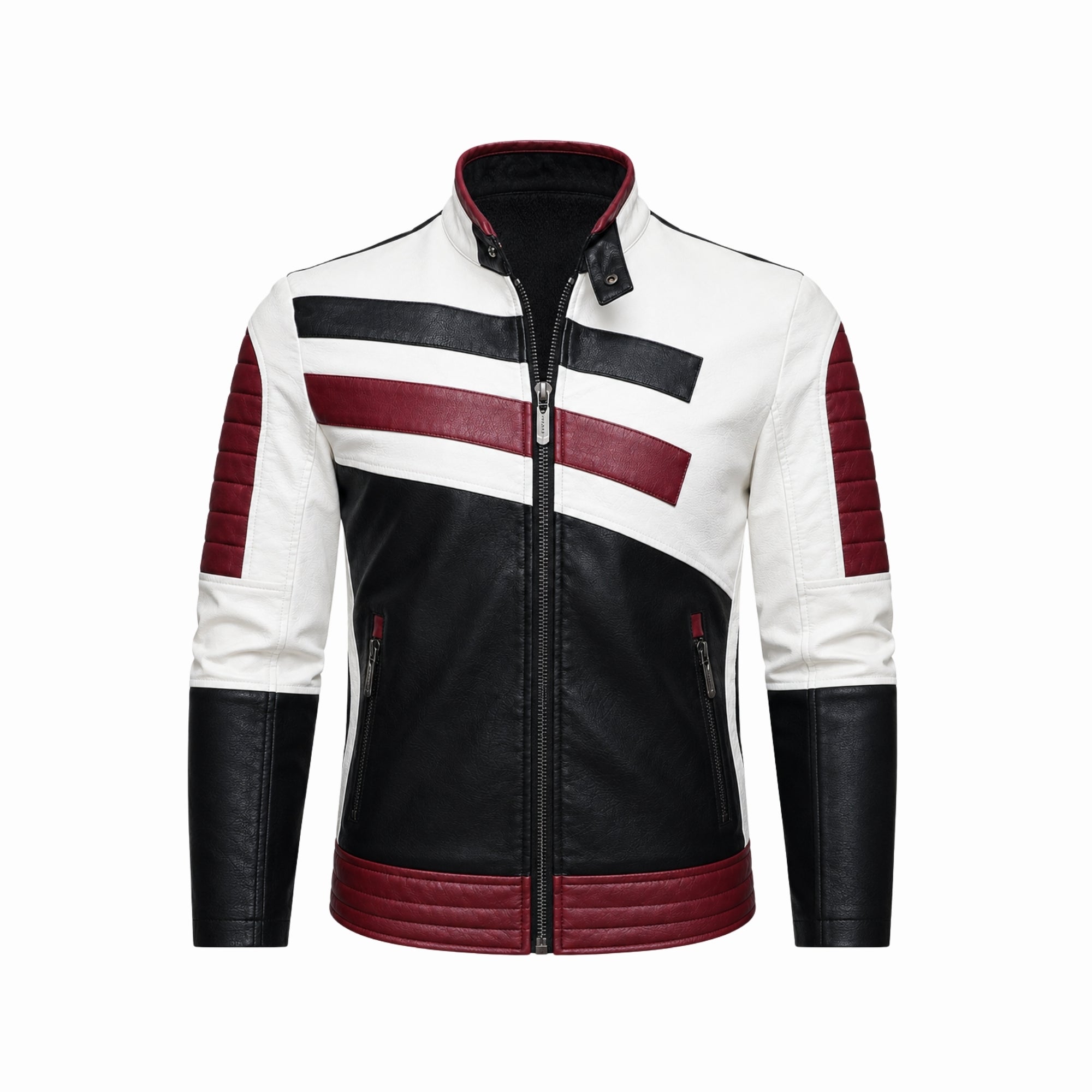 Clean product image of the Kouvr men's premium leather riding jacket in the red, white, and black colorway with visible metallic hardware.
