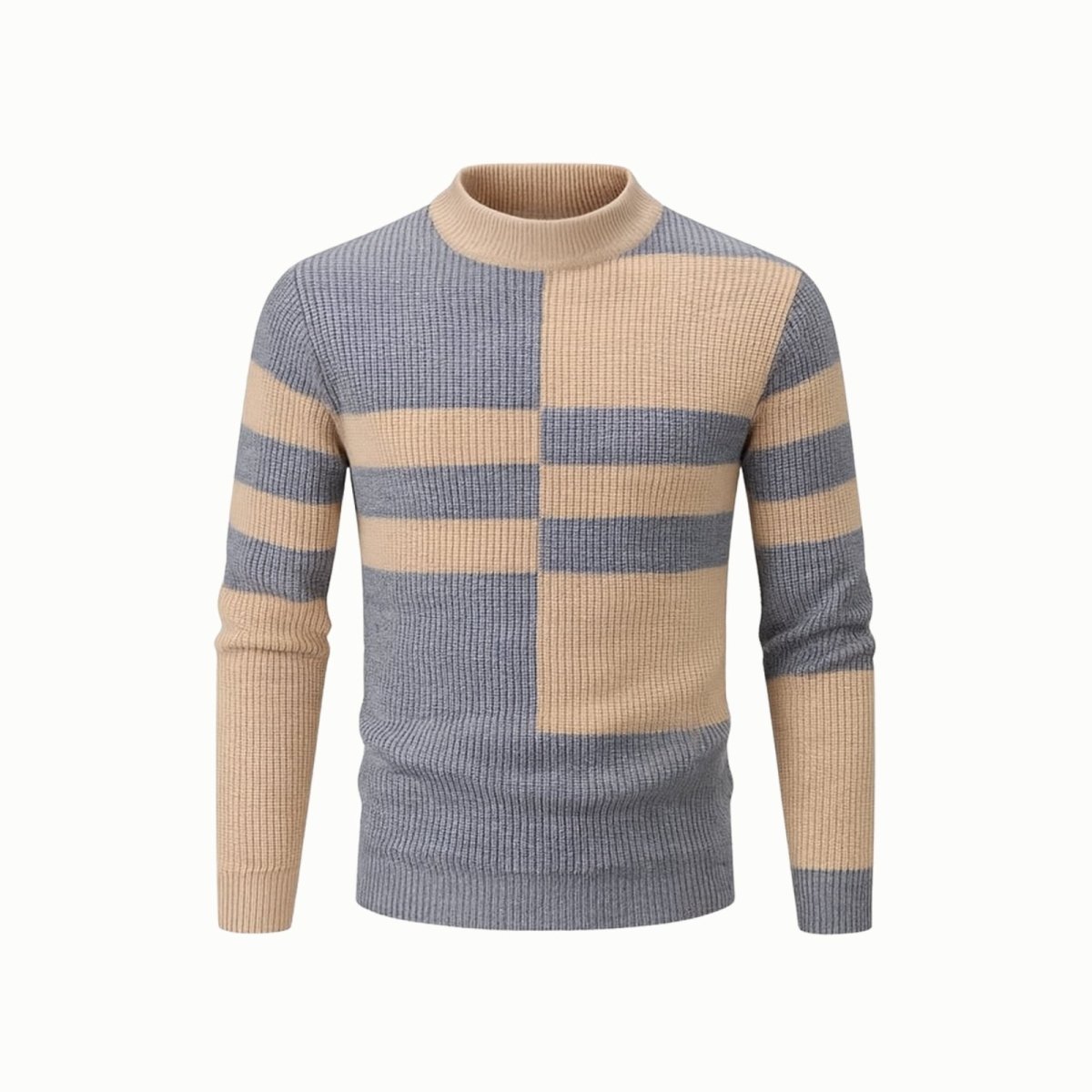 High-quality product shot of the Kouvr men's grey and beige turtleneck sweater on a white background, highlighting the ribbed texture.
