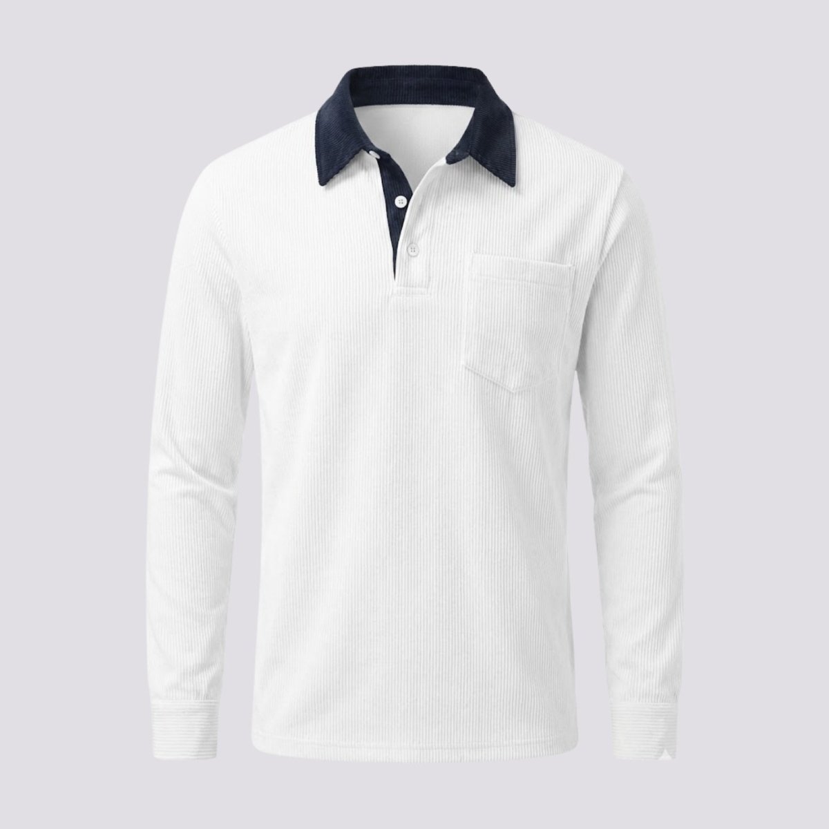 Flatlay studio shot of the front of the Kouvr men's white corduroy long sleeve polo, showing the texture and navy placket detail.