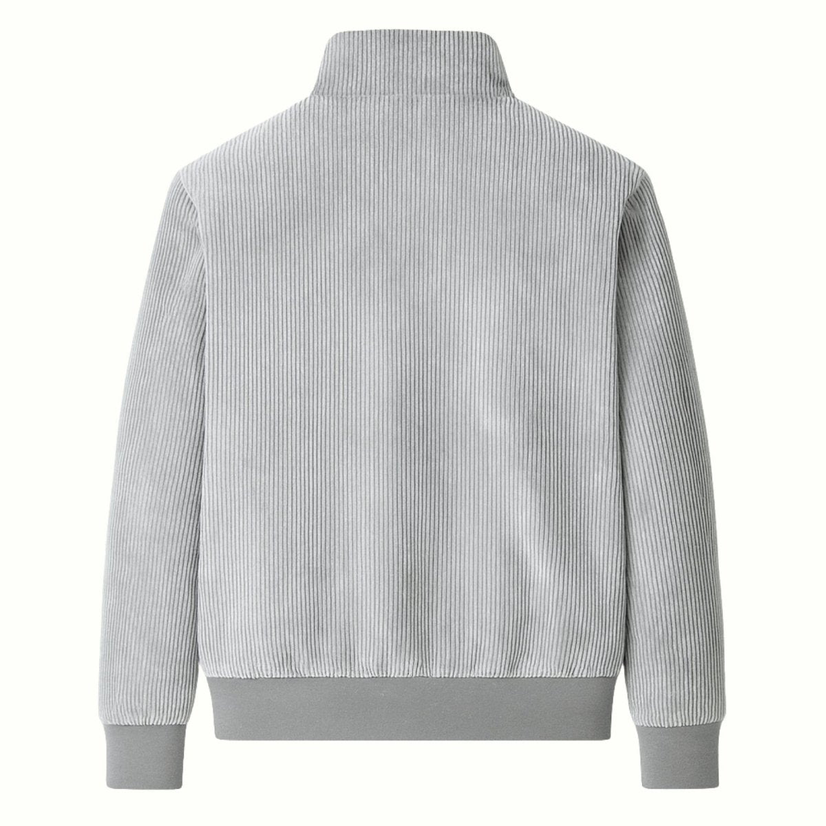Product photo of the back of a grey corduroy jacket showing the clean vertical ribbing and grey ribbed hem.