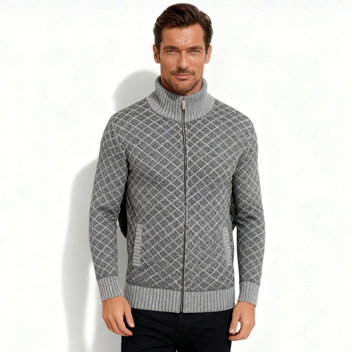 A male model wearing the Kouvr men's heather grey diamond knit full-zip mock neck cardigan, facing forward.