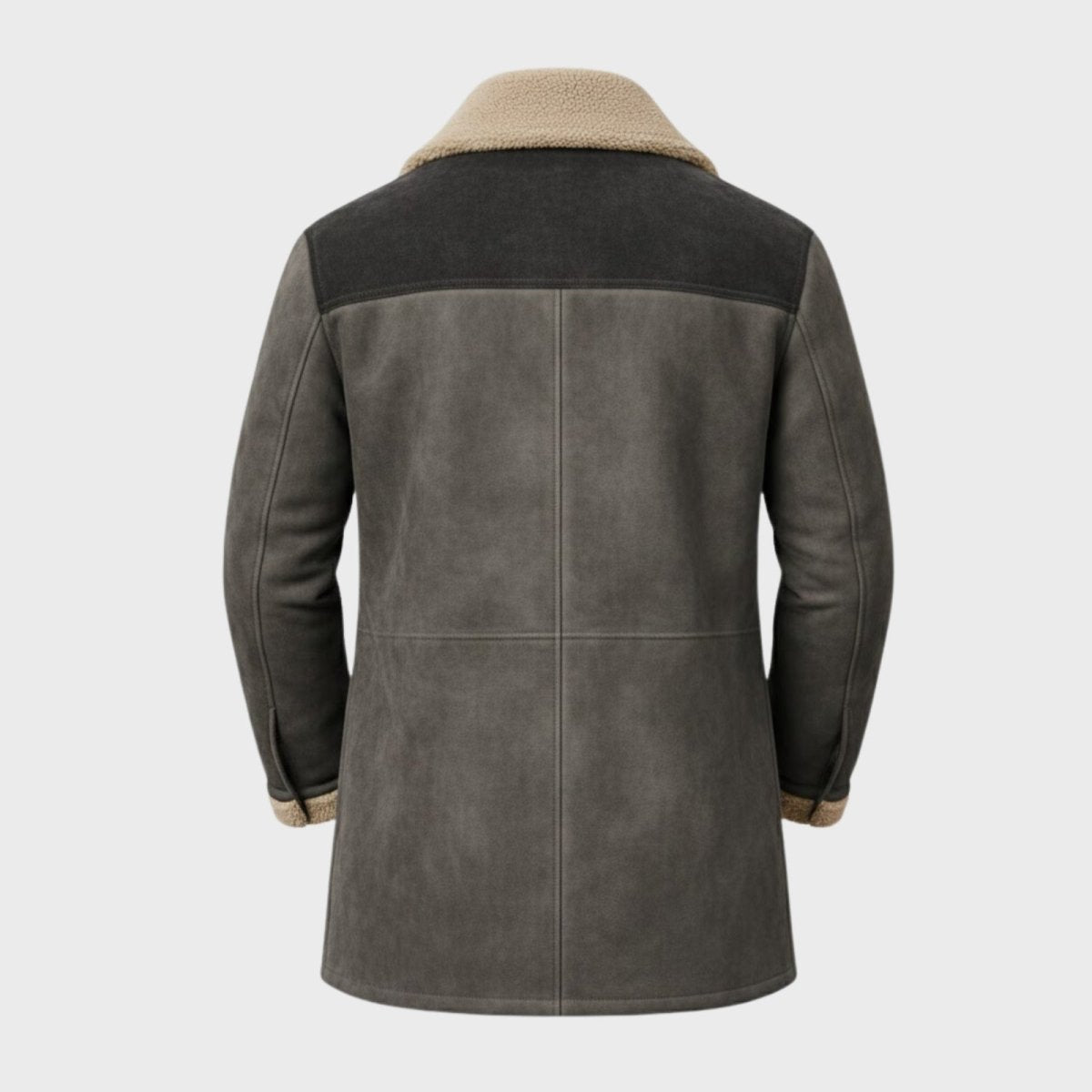 Flat lay showing the back of the Kouvr grey suede jacket, with a clear view of the contrasting dark grey yoke and clean construction.