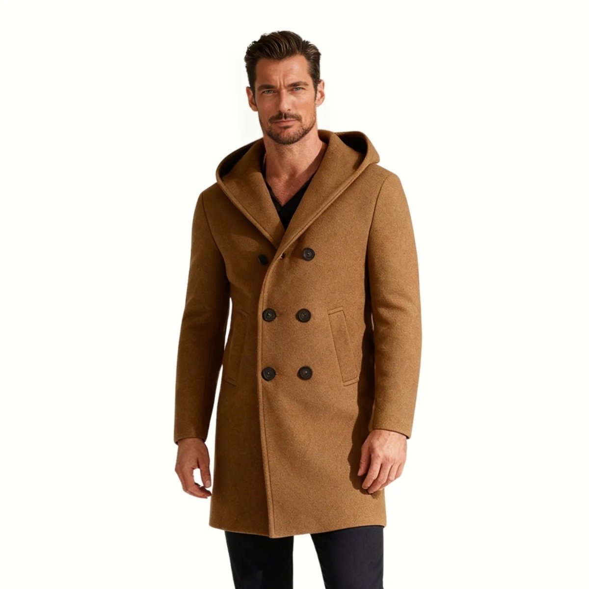 Men's Hooded Wool Overcoat Double Breasted Knee Length Winter