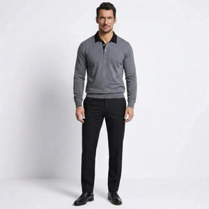 Men's Long Sleeve Knit Polo Sweater with Contrast Collar Smart Casual Top | Pullover Rugby Shirt Business Work Attire for Men by Kouvr Men's Long Sleeve Knit Polo Sweater with Contrast Collar Smart Casual Top | Pullover Rugby Shirt Business Work Attire for Men by Kouvr