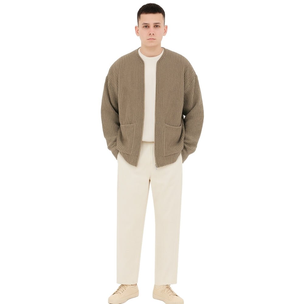 collarless bomber jacket," "men's full-zip sweater," "heavyweight knit," "minimalist cardigan," and "transitional layer
