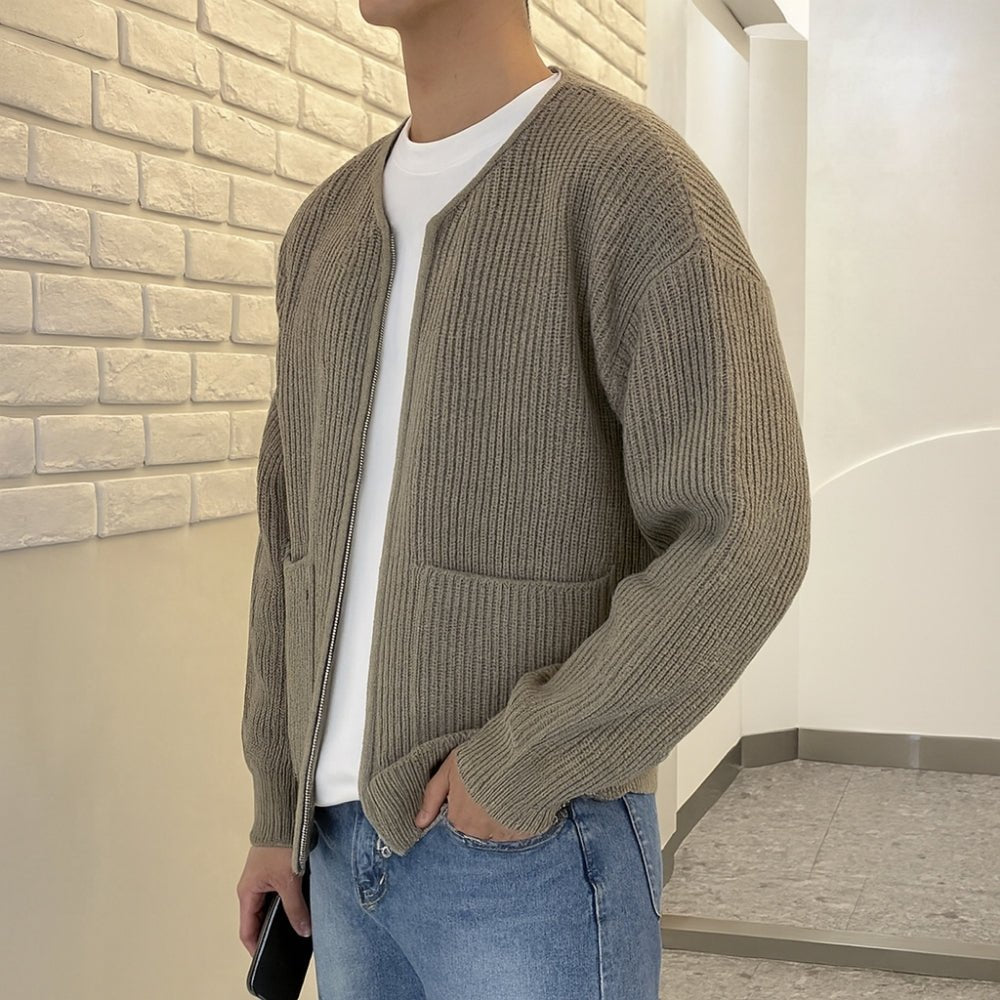 collarless bomber jacket," "men's full-zip sweater," "heavyweight knit," "minimalist cardigan," and "transitional layer