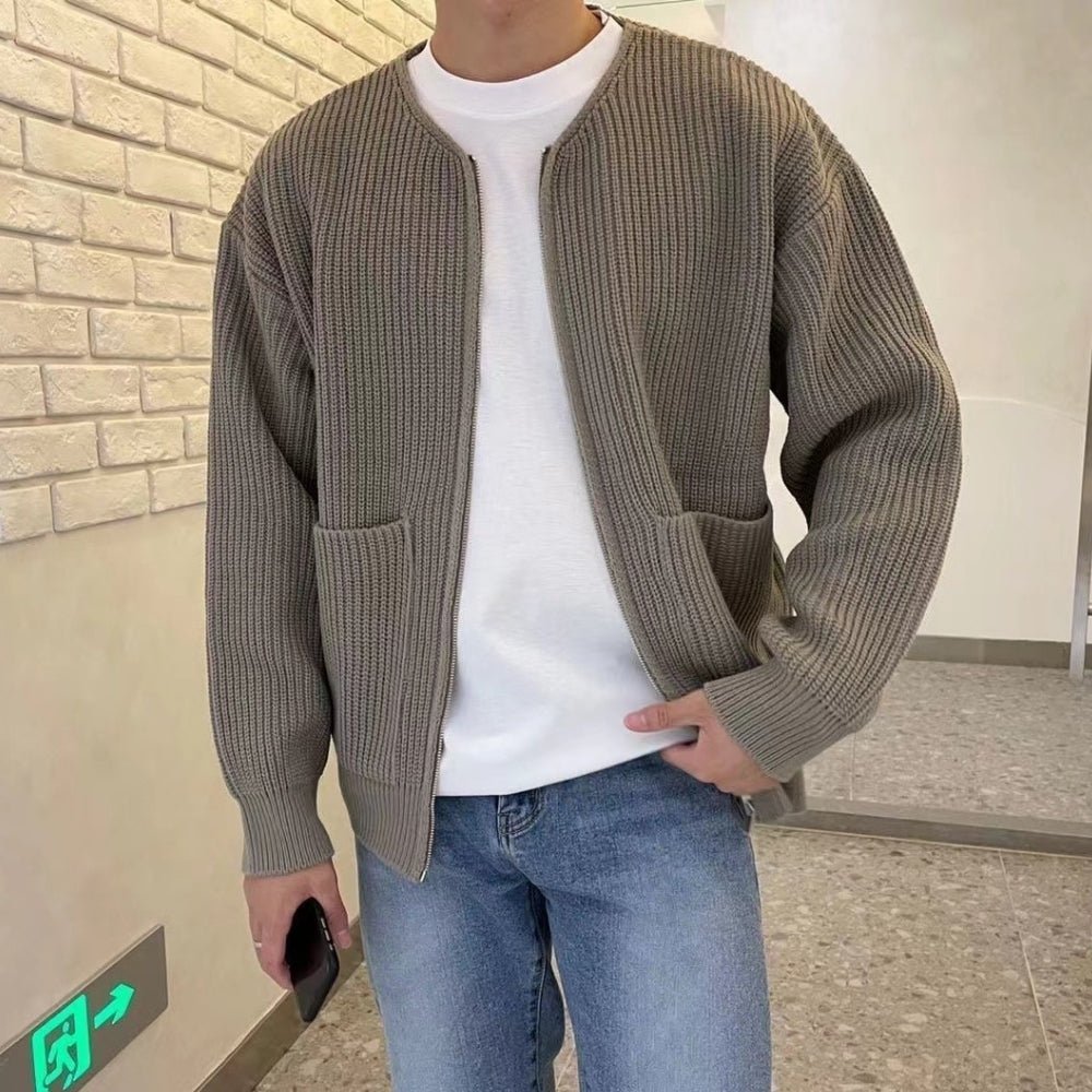 collarless bomber jacket," "men's full-zip sweater," "heavyweight knit," "minimalist cardigan," and "transitional layer