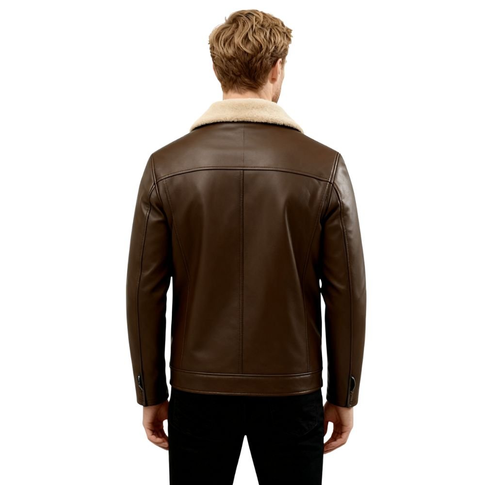 Man wearing the Kouvr Fashion dark brown leather aviator jacket with a cream shearling collar