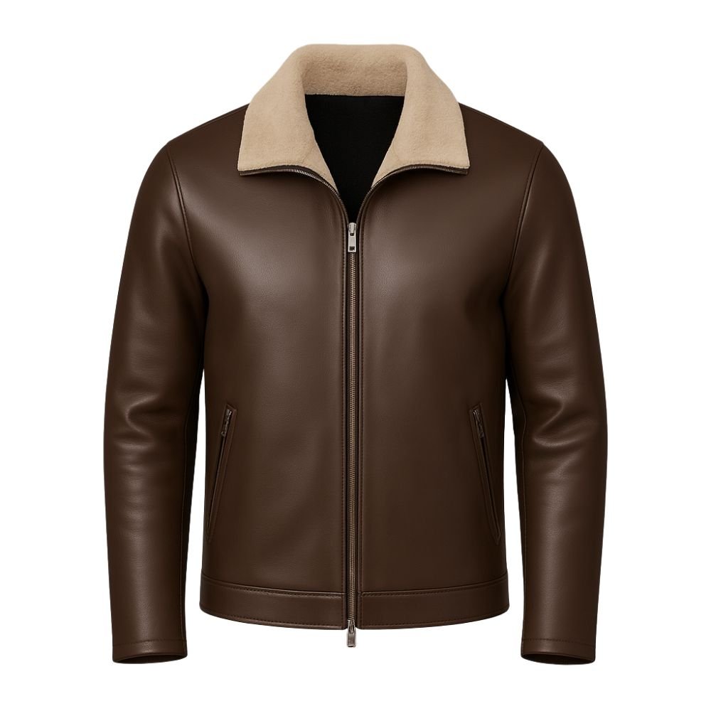 Dark Brown kouvr leather jacket with beige collar on a white background