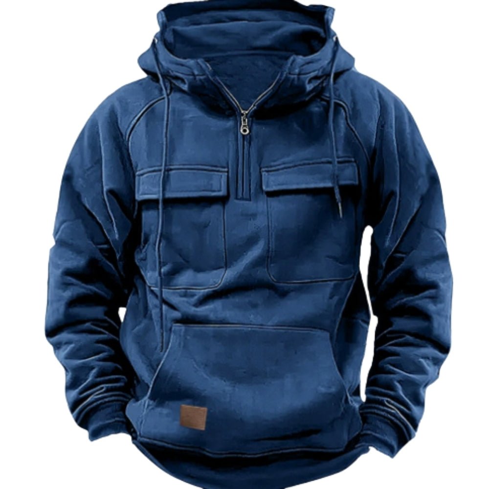 heavyweight anorak sweatshirt," "quarter-zip fleece," "men's designer pullover," and "hoodie with chest pockets