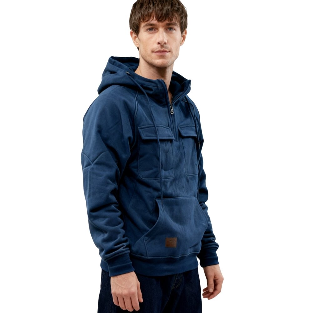 heavyweight anorak sweatshirt," "quarter-zip fleece," "men's designer pullover," and "hoodie with chest pockets