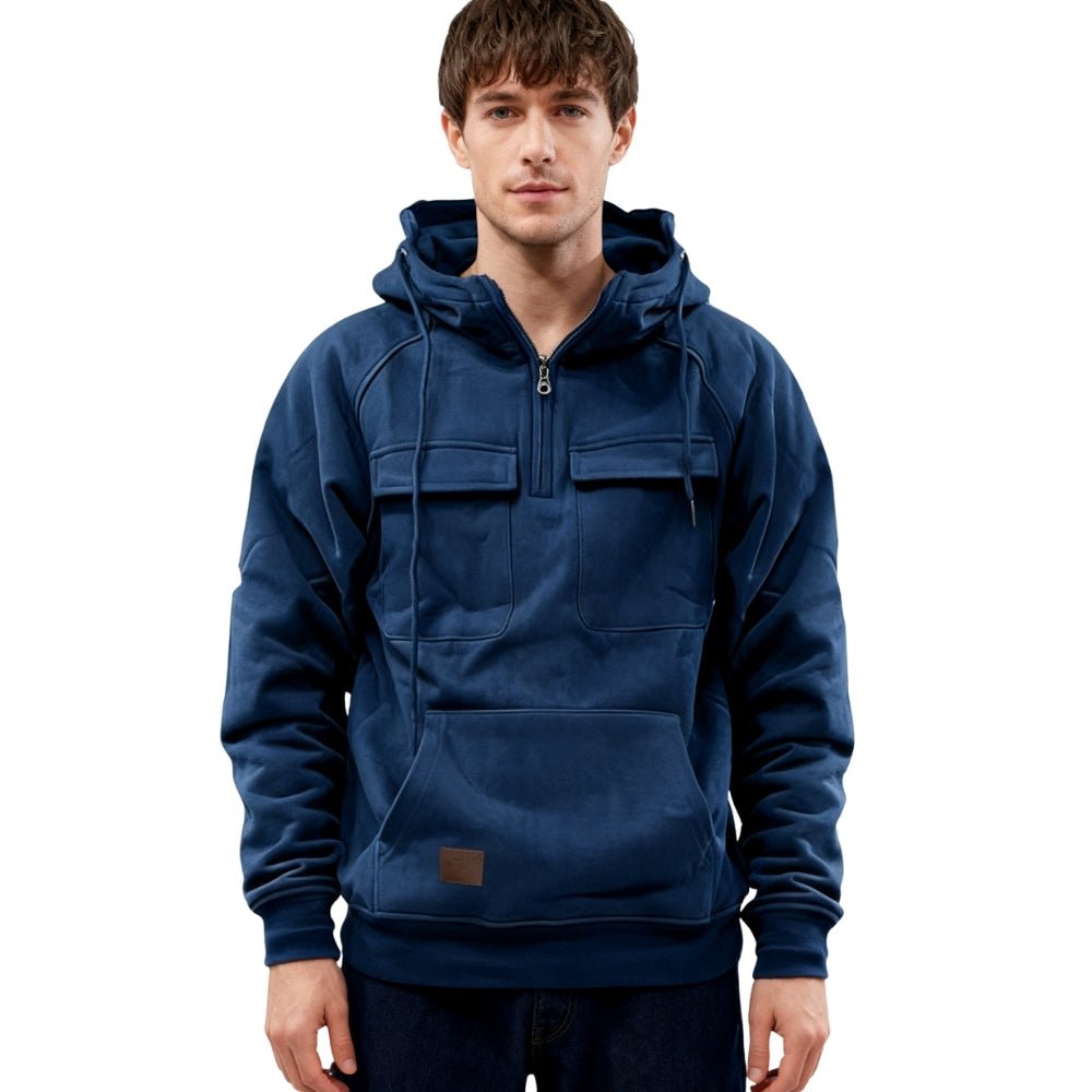 heavyweight anorak sweatshirt," "quarter-zip fleece," "men's designer pullover," and "hoodie with chest pockets