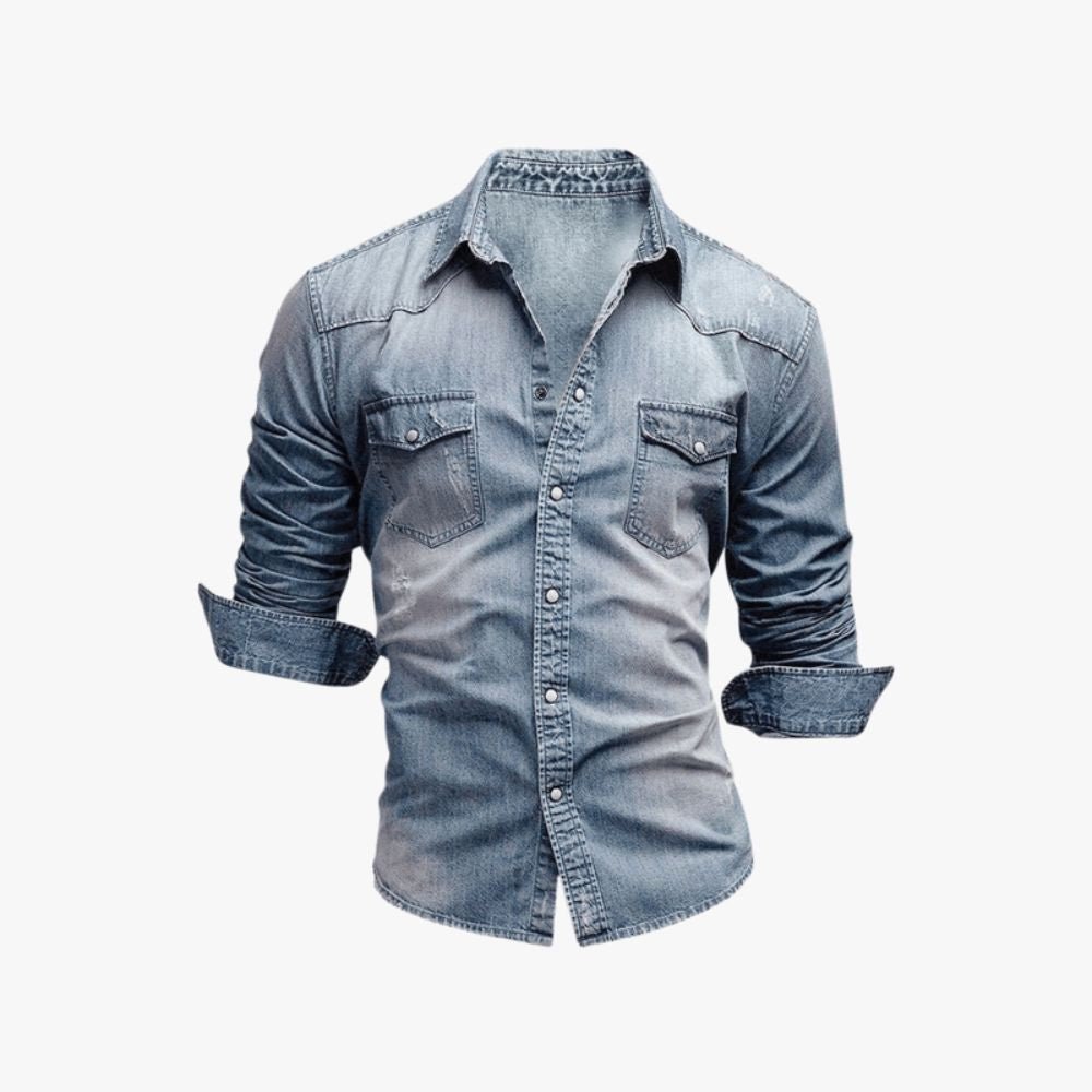 cowboy style shirt," "men's rugged casual," "Americana fashion," "faded blue jean shirt," "tailored denim top," "men's layering piece