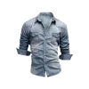 cowboy style shirt," "men's rugged casual," "Americana fashion," "faded blue jean shirt," "tailored denim top," "men's layering piece