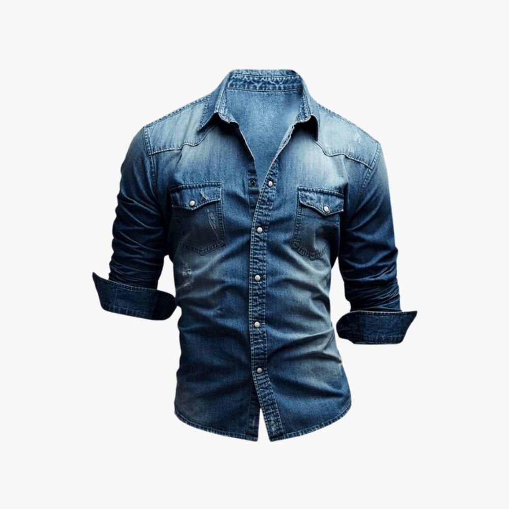 vintage wash denim", "faded blue shirt", "rugged men's style", "cowboy style shirt", "long sleeve cotton shirt", "casual button down