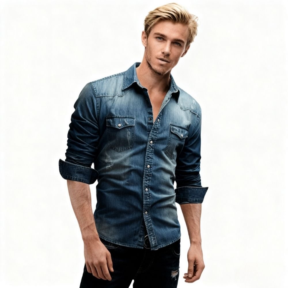 vintage wash denim", "faded blue shirt", "rugged men's style", "cowboy style shirt", "long sleeve cotton shirt", "casual button down