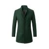 Product shot of a men's dark green funnel neck overcoat on a white background, showing the button front and minimalist design.