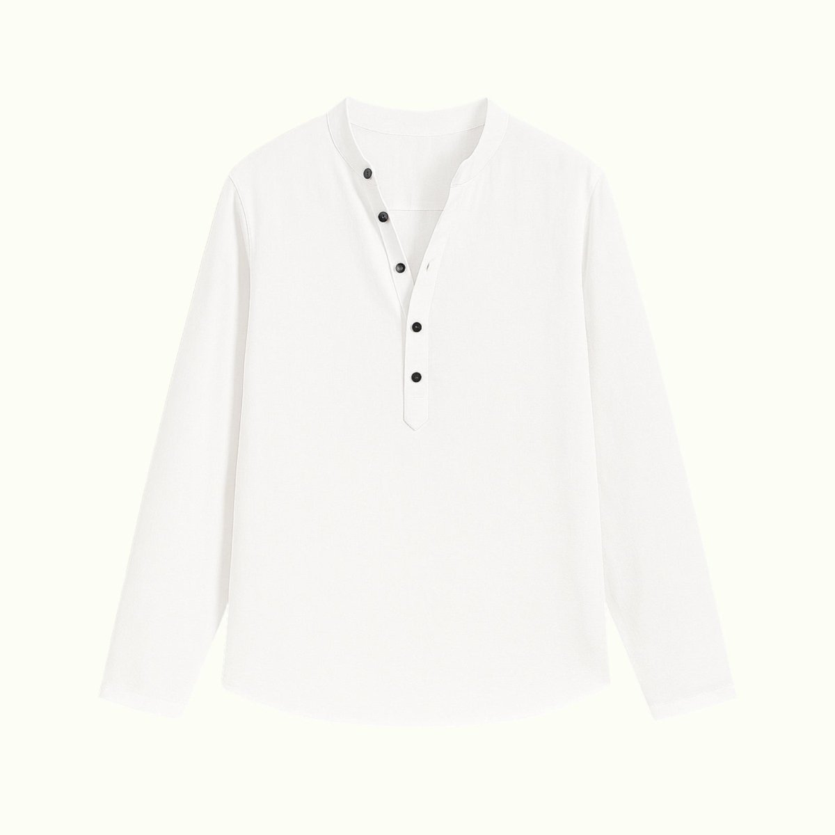 Flat lay of the Kouvr men's white slub roby shirt, showing the front, contrast button placket, and mandarin collar.