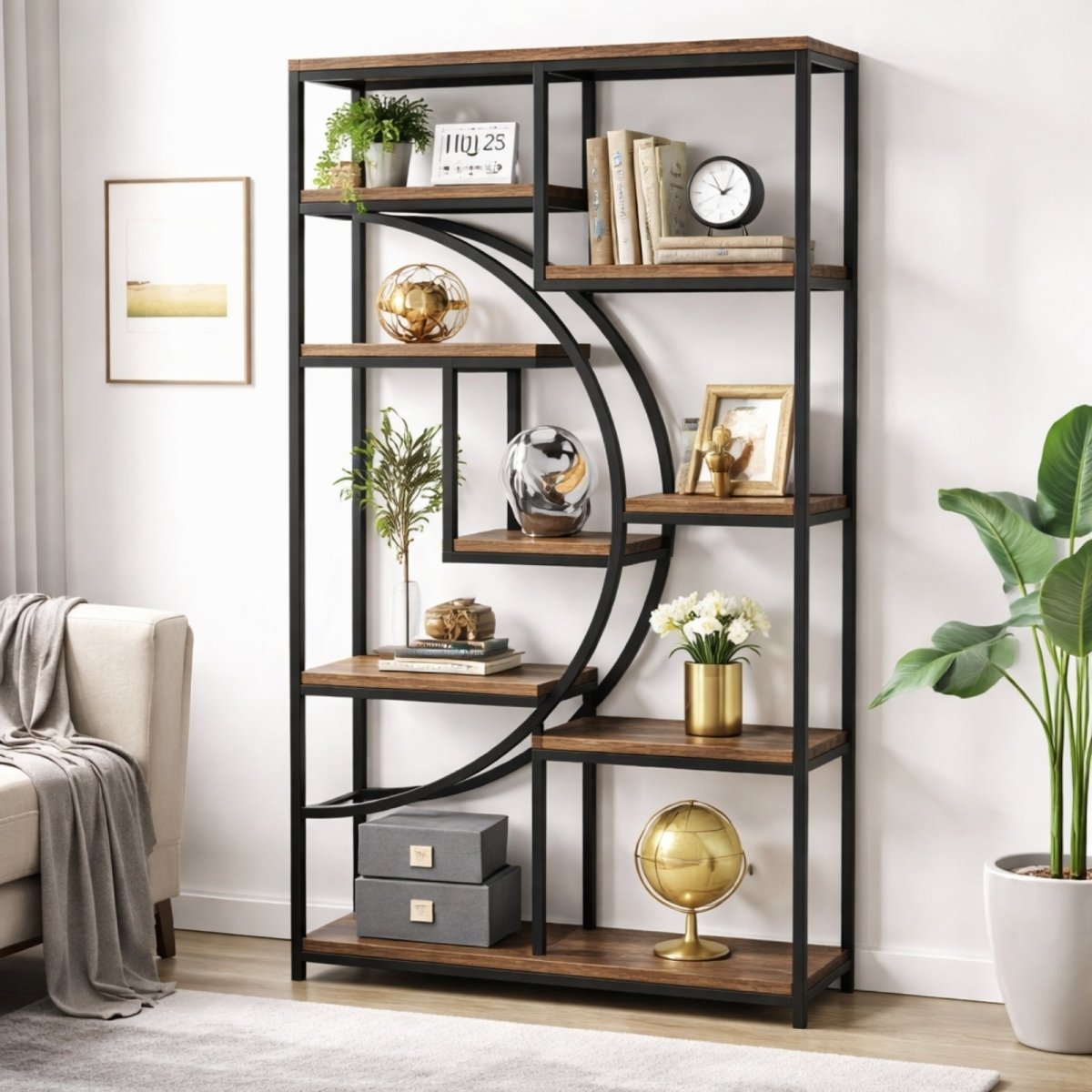 Dimensional diagram of the Kouvr Meridian bookshelf showing 70.8-inch height, 31.49-inch width, and specific weight capacities of 50lbs per main shelf.