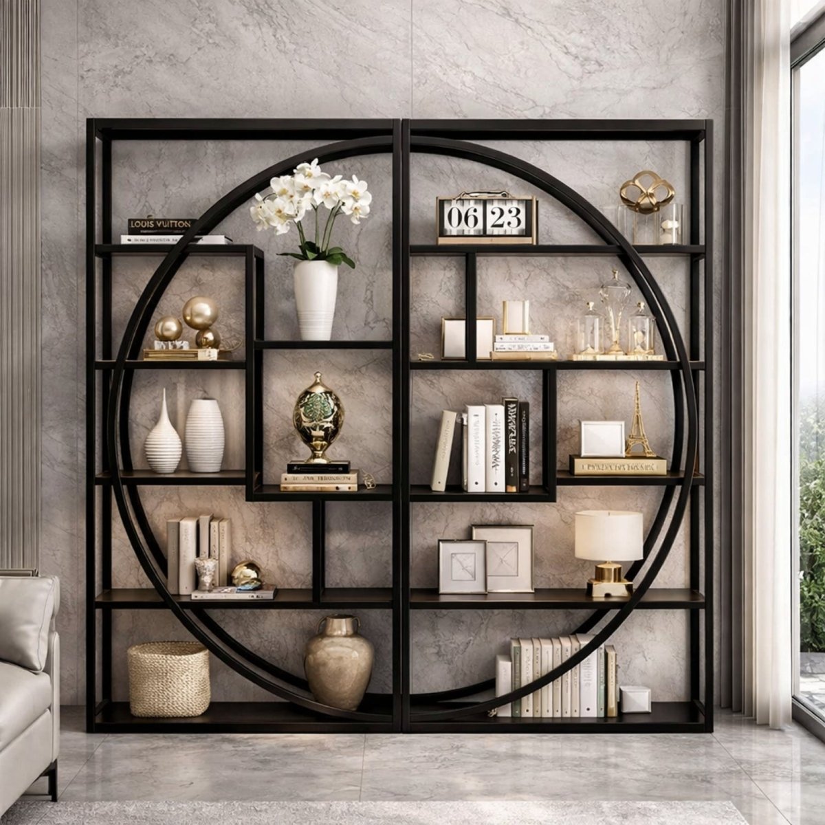 Close-up of the Kouvr Meridian etagere showing the intersection of the curved metal arch and rectangular wood shelves holding decorative gold accents and books.
