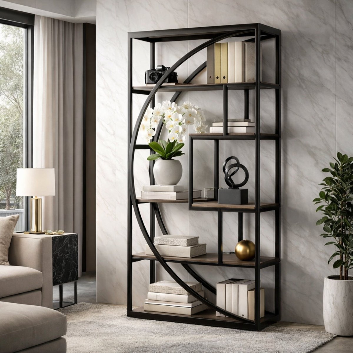Kouvr Meridian 71-inch industrial bookshelf featuring a matte black metal frame with a large geometric circle design and wood-finish shelves styled with white orchids.