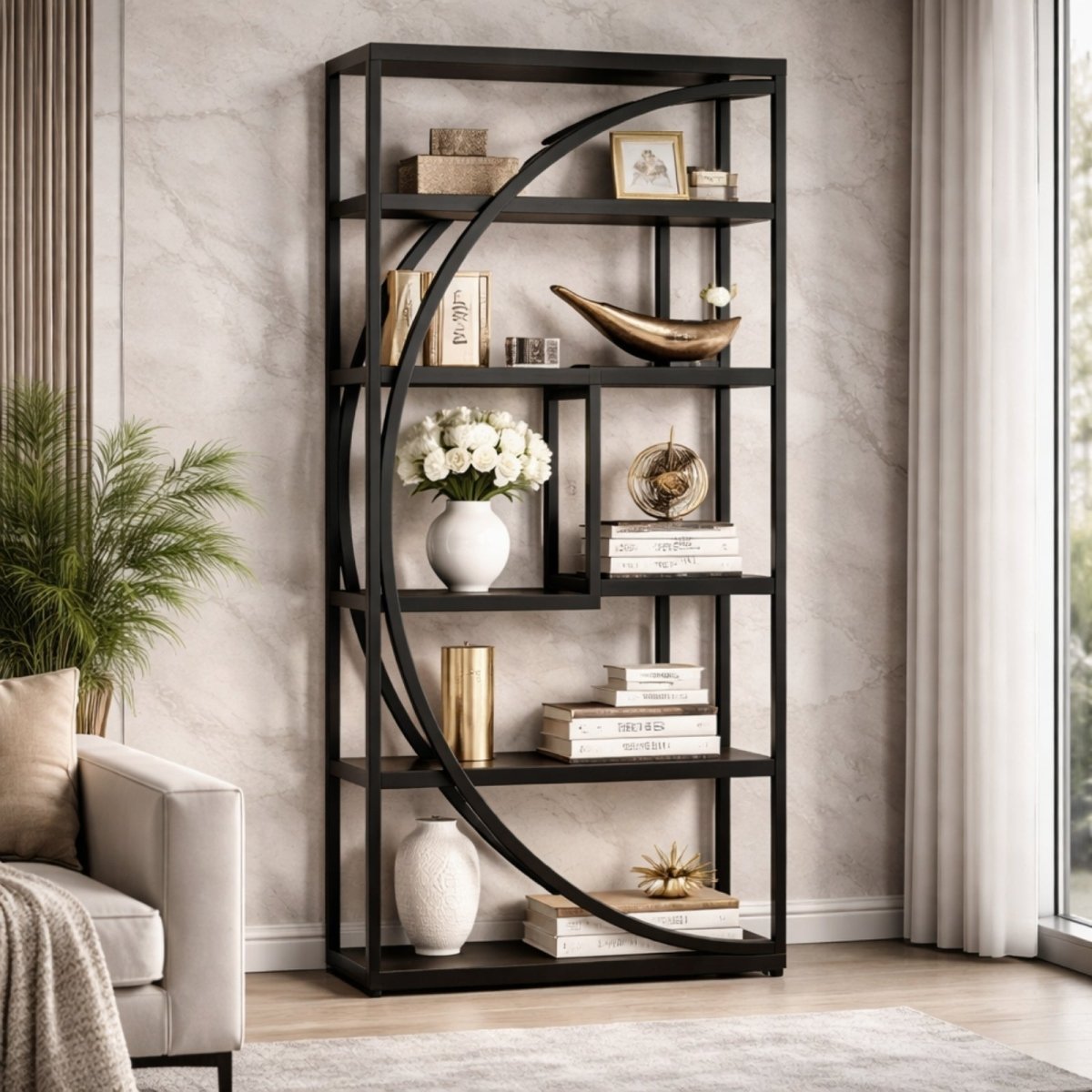 The Kouvr Meridian bookshelf utilized as a sophisticated room divider in a modern grey living room, displaying luxury handbags and architectural decor.
