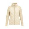 Woman wearing the Kouvr Mika khaki quilted jacket with cable knit sleeves, styled with black jeans