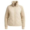 Woman wearing the Kouvr Mika khaki quilted jacket with cable knit sleeves, styled with jeans