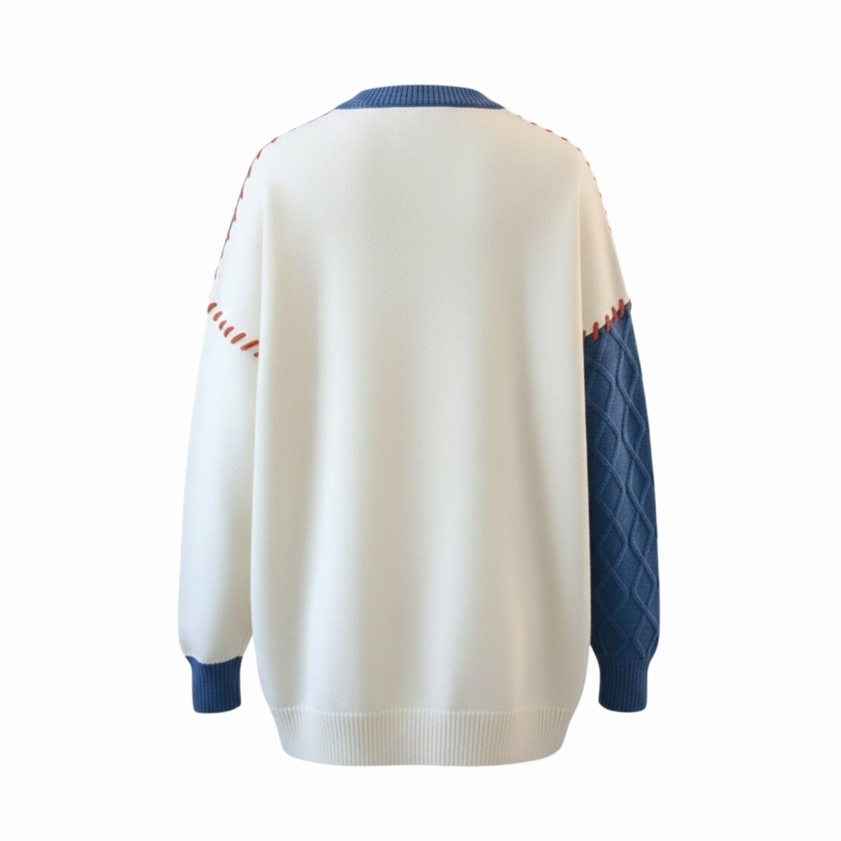 Flatlay studio shot of the back of the Kouvr sweater, showing the plain cream back panel and the textured blue and orange sleeve details.