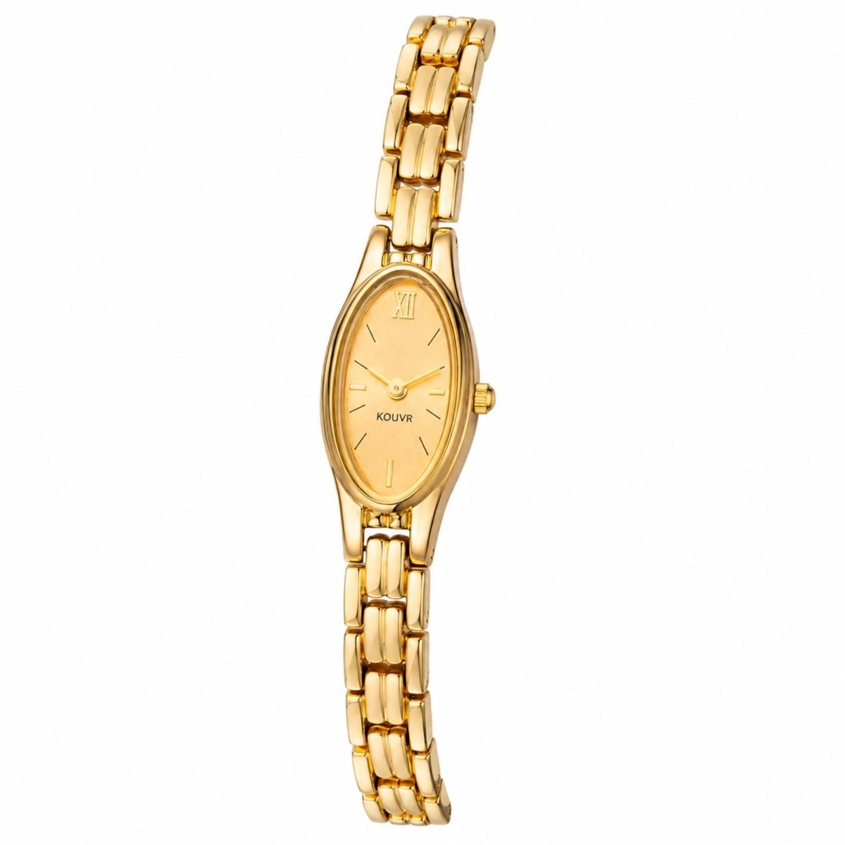 Side profile of the Kouvr women's slim gold watch showing the delicate crown and elegant bracelet drape.