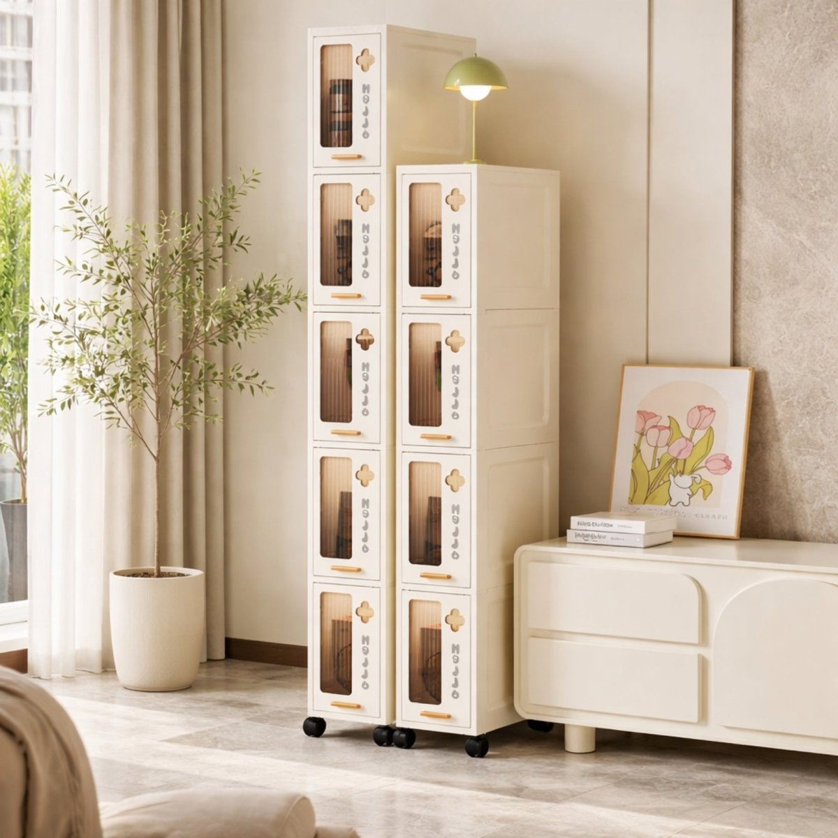 Tall minimalist storage tower on wheels by Kouvr used as a stylish display and organization unit in a contemporary living room.